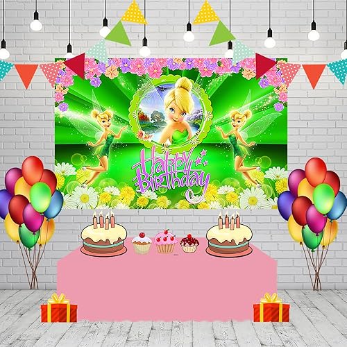 Miniatura 3 de Telón de fondo de campanilla para decoración de fiesta de cumpleaños, pancarta de cumpleaños de flores de hadas, suministros de decoración para