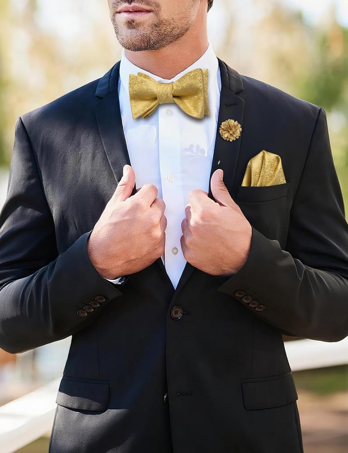 Hi-Tie Mens Selftied Bowties Lapel Pin Set Silk Solid Formal Bow Ties Pocket Square Cufflinks Sets for Wedding Tuxedo - Image 4