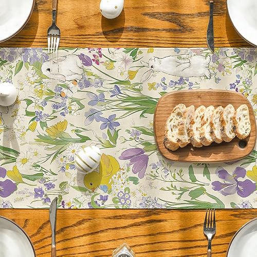 Miniatura 7 de Artoid Mode Camino de mesa de Pascua con hojas florales de conejos, patos, decoración de mesa de comedor de primavera para decoración de fiesta en