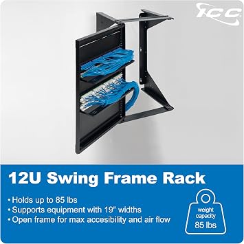 ICC 12U Wall Mount 19 Swing Frame Server Rack Open Frame Rack with Reversible Gate, 18 Deep, 85 lb Load for Patch Panels, Switches, AV, IT & Telecom Equipment Installations