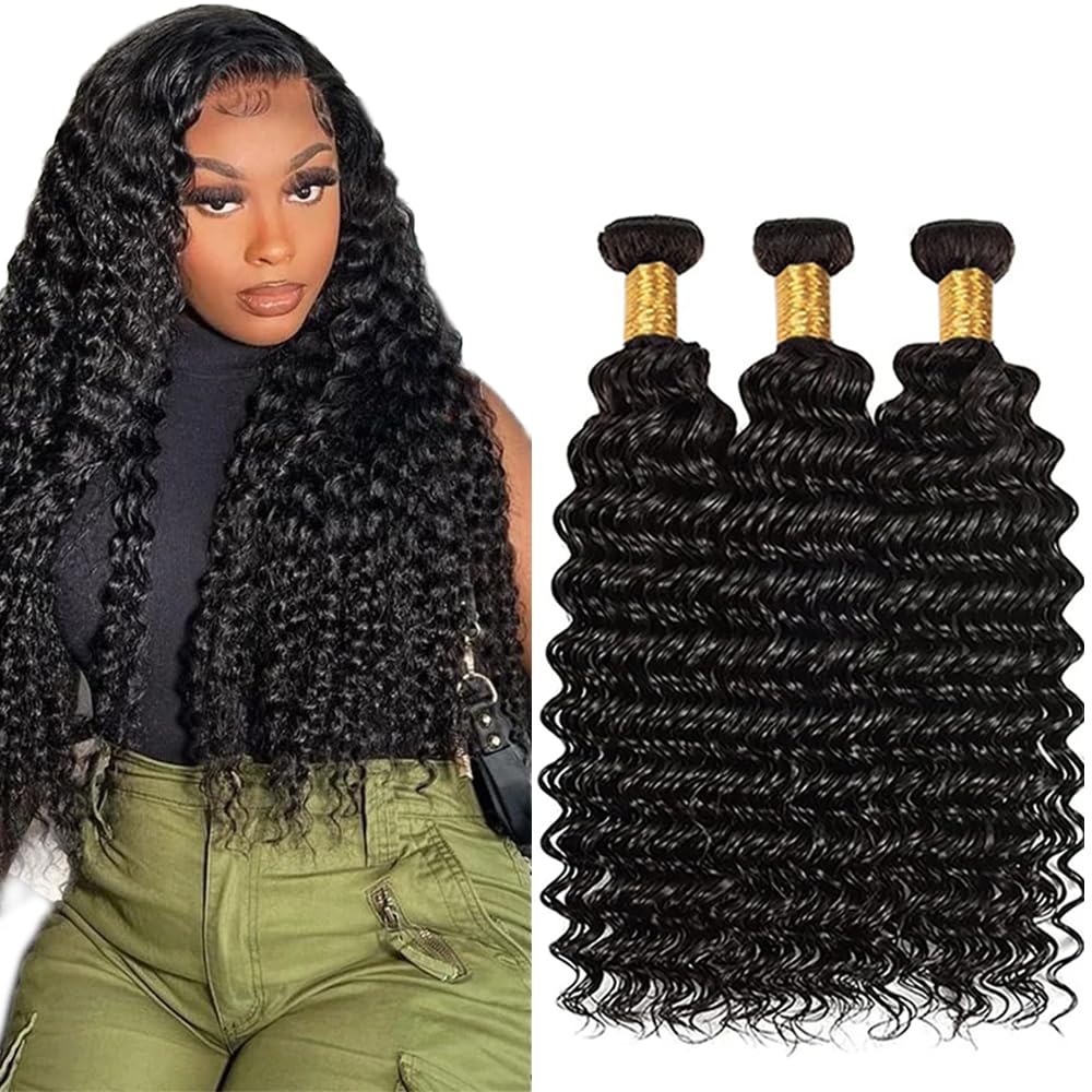 Raw Loose Deep Wave Bundles Human Hair 14 16 18 Inch Unprocessed Brazilian Virgin Hair Extensions Color #1b Deep Wave Bundles