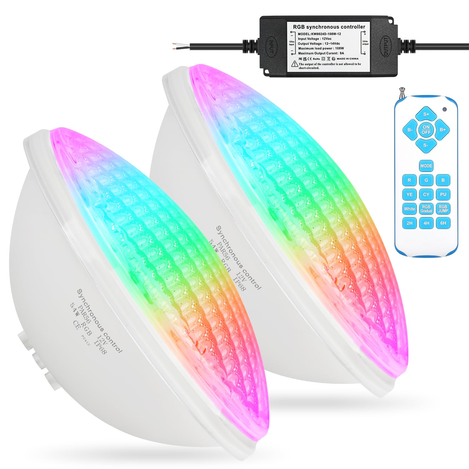 54W LED Illuminazione Piscina PAR56, 12V RGB Timing 2/4/6H Luce Impermeabile, Sincronizzazione Esterna con Telecomando, IP68 Impermeabile Lampada Piscina con Telecomando (2 pezzi)