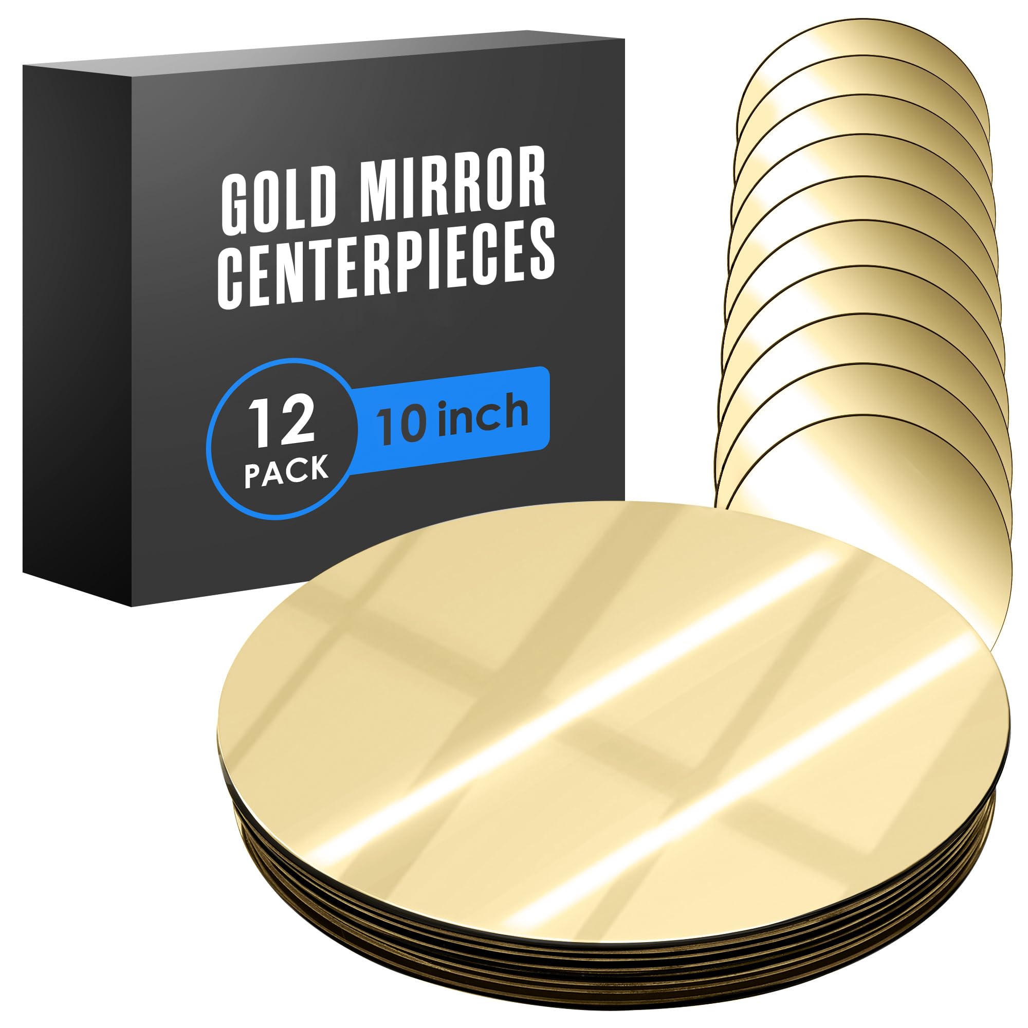 Gold Mirror Centerpieces for Tables, Mirrored Trays, Circle, 10 Inch, 12Pk