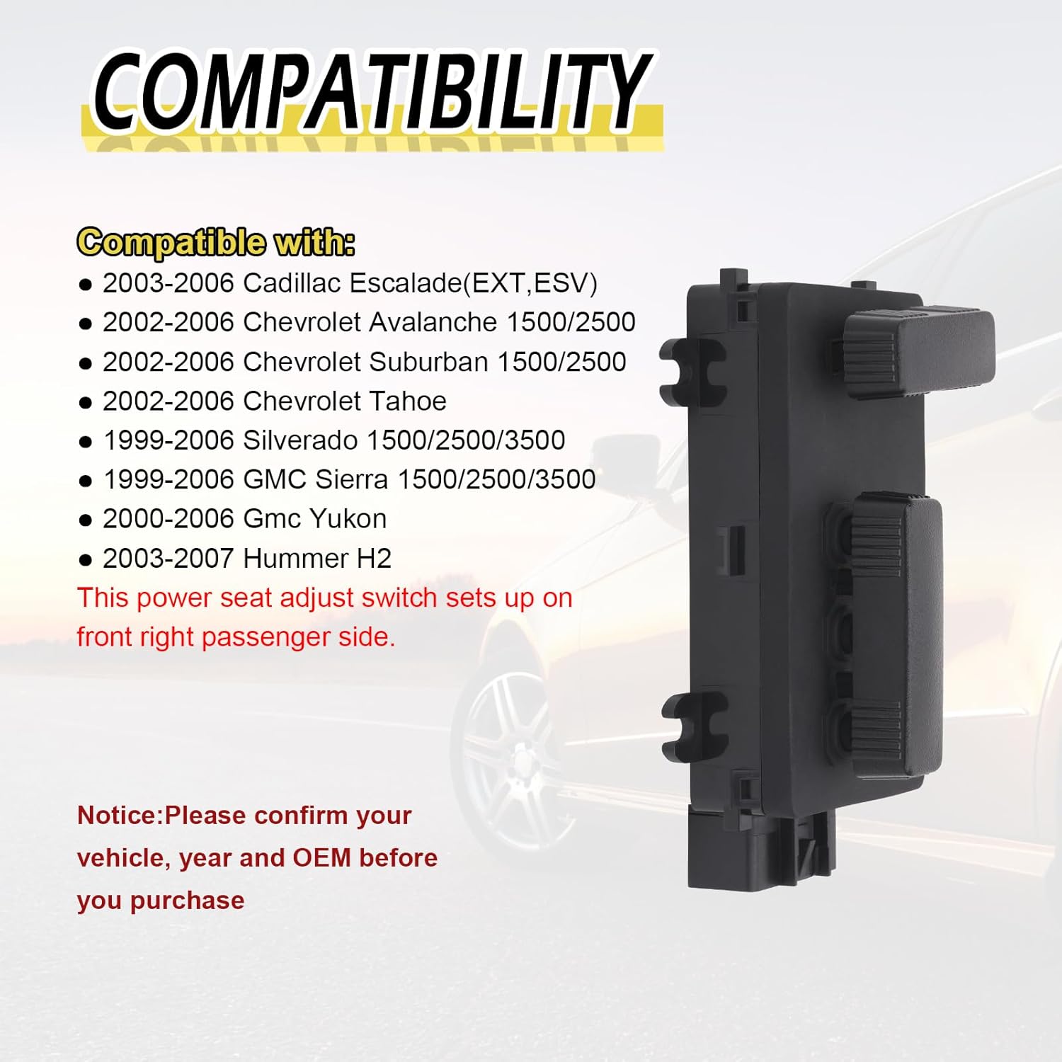 Driver Side Seat Switch & Right Passenger Power Recliner Control Compatible with 1999-2007 Chevrolet Chevy Avalanche Suburban Silverado Tahoe/GMC Yukon Sierra/Cadillac Escalade/Hummer H2