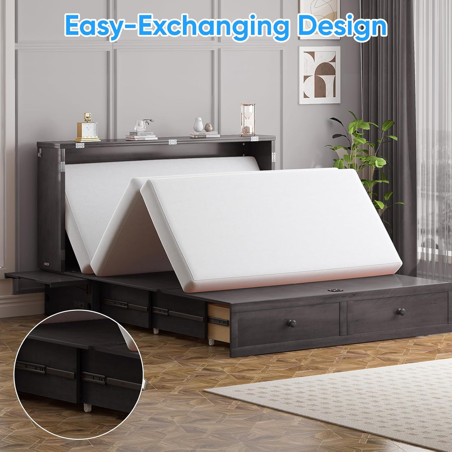 PUREMIND Murphy Bed Queen with Mattress Included - Solid Wood Hideaway Cabinet Bed with 2 Storage Drawers, USB Charging Ports & Headboard - Space-Saving Chest Beds for Home, Guest Room, Gray | 1000 LBS, USB & AC Ports, Storage Drawer, Easy Assembly, Sturdy Frame, Space-saving Fold