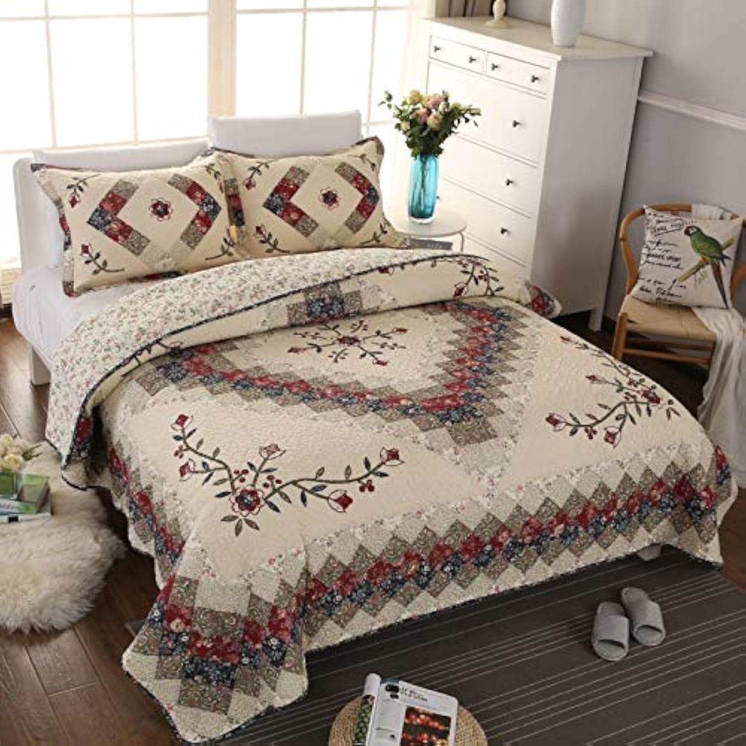 Ethnic Embroidery Patchwork Quilt Sets Elegant Classic Reversible Quilting Bedspread 100%Cotton Soft Comfortable Washable Machine 3-Piece Including 1Quilt 2Pillowshames Queen King Size-image-46