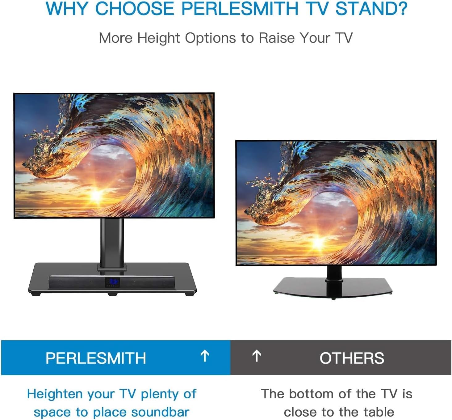 Diagram showing height adjustment options for the TV stand