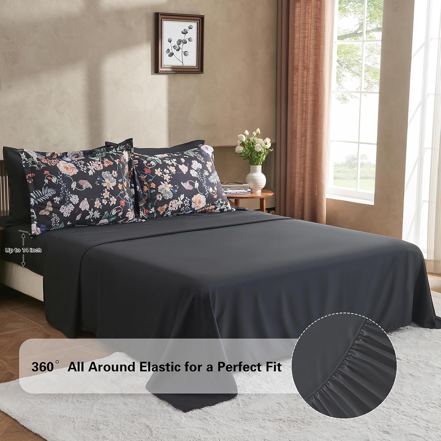 7 Piece Queen Comforter Set, Black Butterfly Floral Comforter Set with Flowers Leaves Pattern, Soft Microfiber Complete Bedding Set for All Season(Black, Queen)