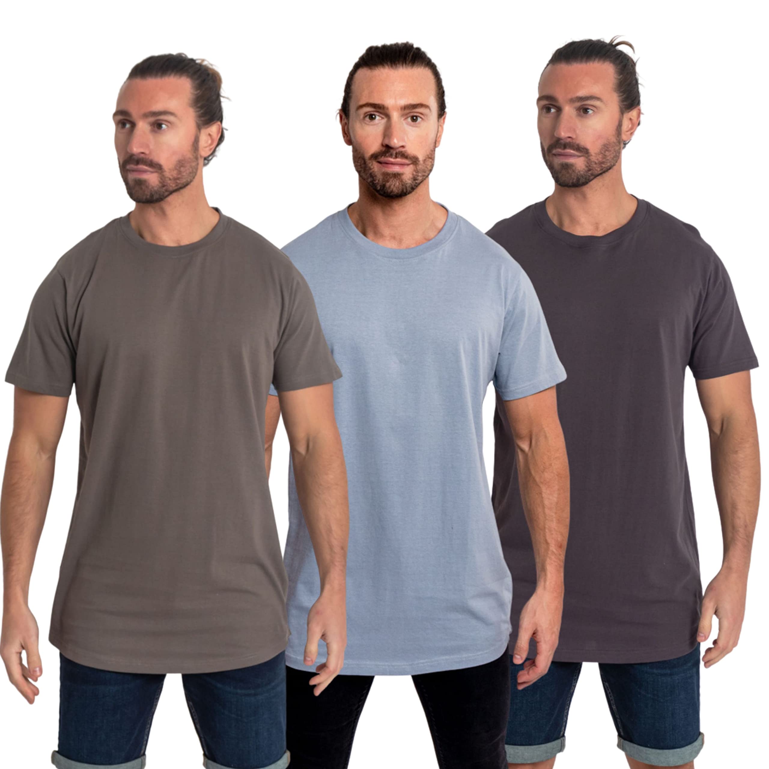 KandorMens Longline Plain 3 Pack T-Shirts, Shortsleeves Tall Tee, Crew Neck, 100% Cotton Tee Top with Curved Hem
