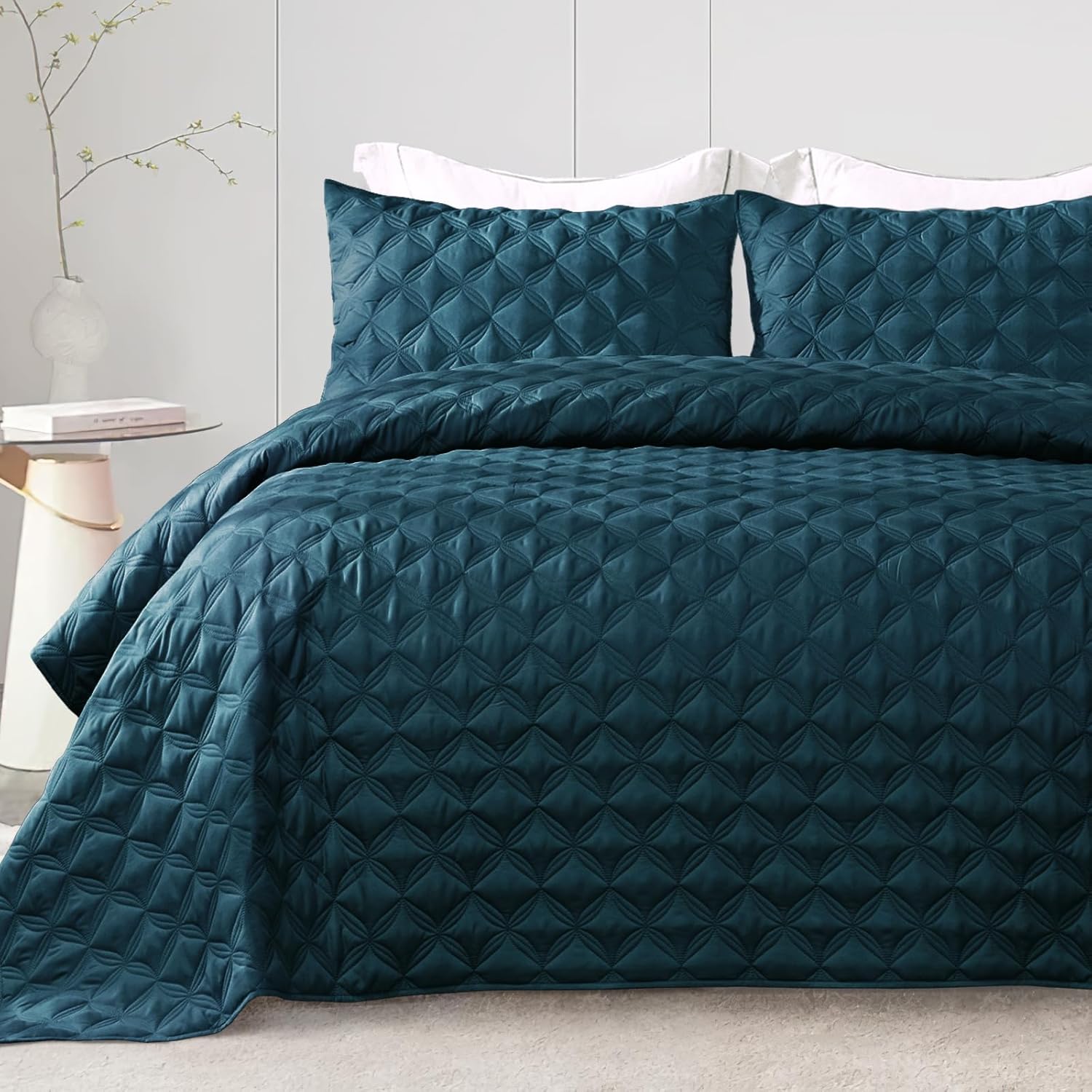 Exclusivo Mezcla Full Queen Quilt Set, 3 Pieces Lightweight Quilts Queen Size with Geometric Ellipse Pattern, Soft Quilted Bedspreads Navy Blue Coverlets Bedding Set for All Seasons