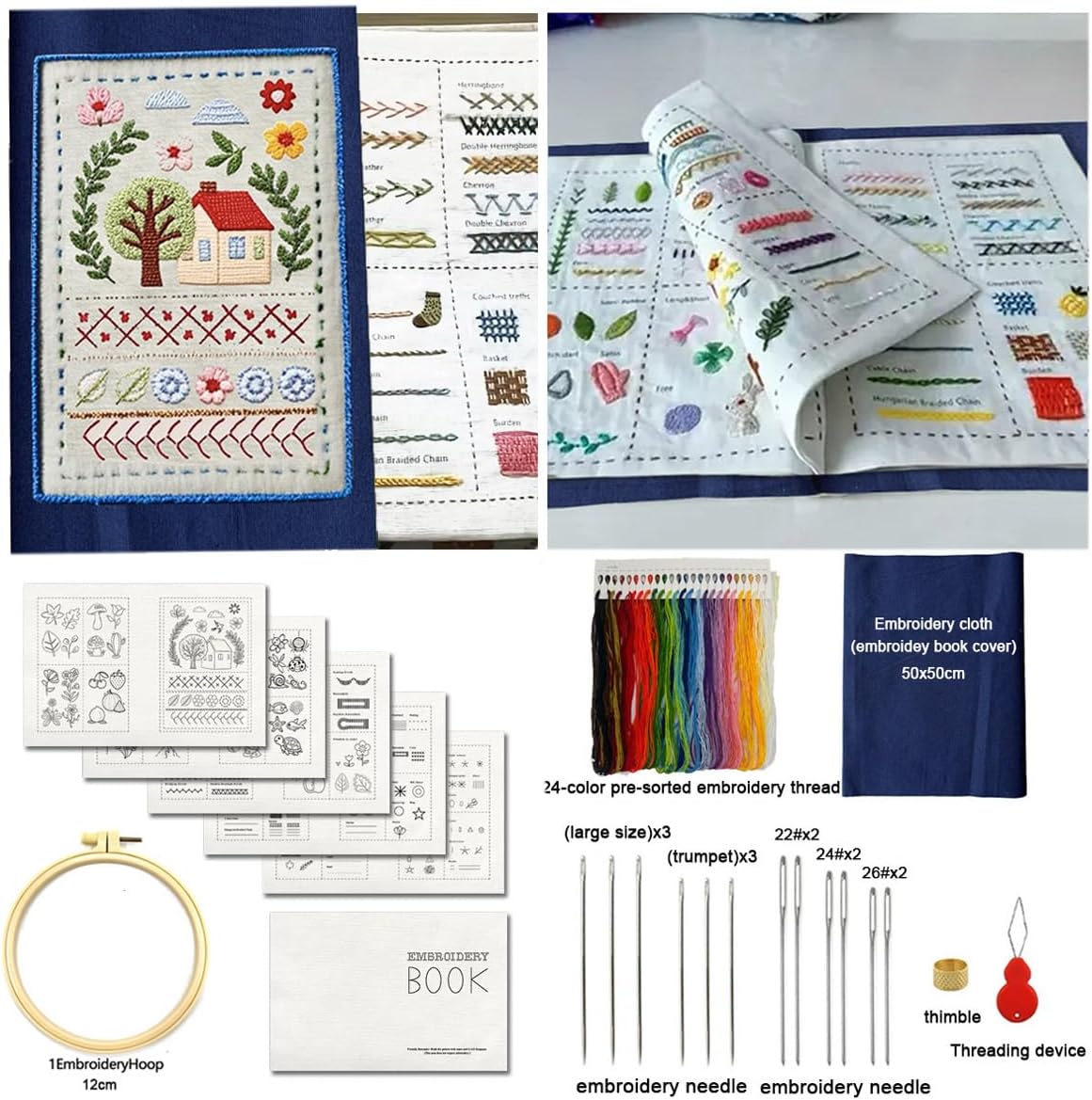 Zhenqing StitchCraft Complete Embroidery Book Kit – 200+ Patterns, 24 Threads, Hoop, Fabric & Tools – Beginner to Advanced DIY Stitching Set with English Guide