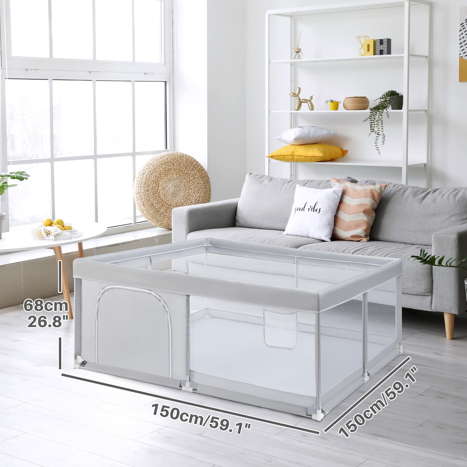 BEJOY Box per Bambini, 150 cm Compatto e Resistente, Protezione in Schiuma, Antiscivolo, Porta Rotonda con Cerniera, Rete Traspirante Trasparente Centro Attività per Neonati e Bambini Piccoli
