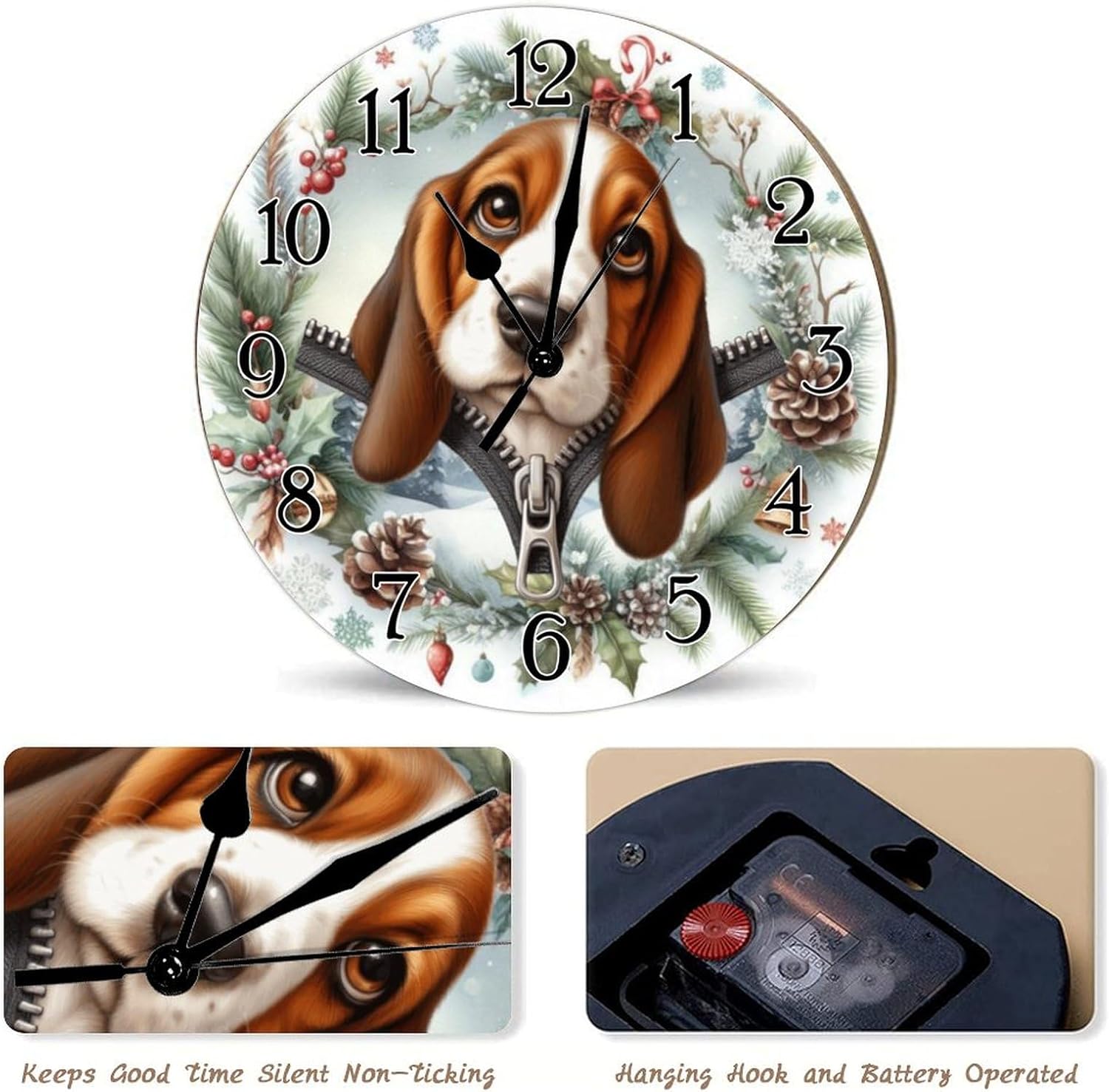 Basset Hound Clock Basset Hound Funny Zipper Peeking Dog Wood Wall Clock Pet Lover's Gift Round Wall Clocks Non-Ticking Silent Wall Clock for Home Living Room 12x12in