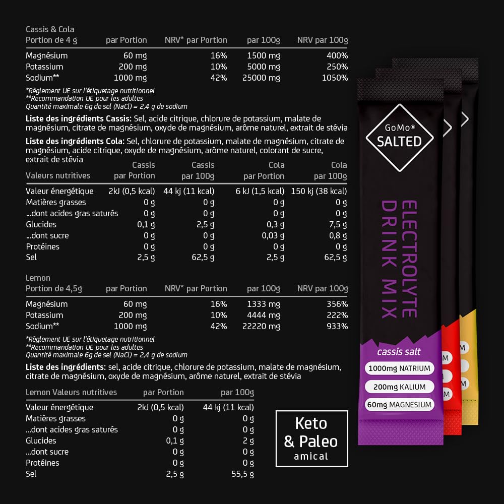 GoMo SALTED Hydration Aid | Electrolytes sans sucre | Amélioration de l'absorption de l'eau & hydratation rapide | 30 portions de poudre d'électrolytes avec du sel des Alpes suisses | Goût mixte
