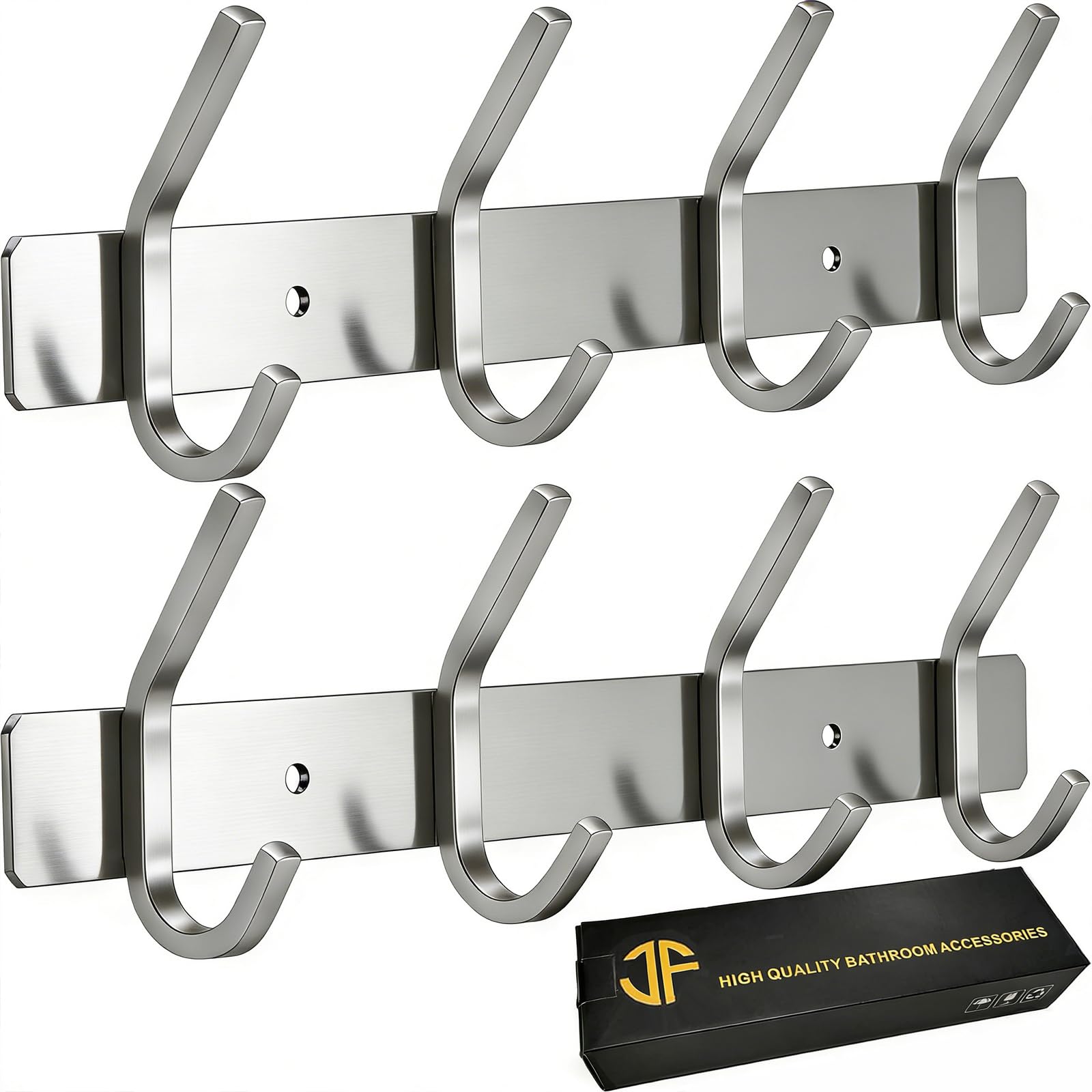 JOLY FANG Hook Rack, Rustproof Stainless Steel Coat Hooks, Brushed Coat Hooks, Wall Coat Rack for Bedroom, Bathroom, Kitchen (Silver, 4 Hooks - Pack of 2)