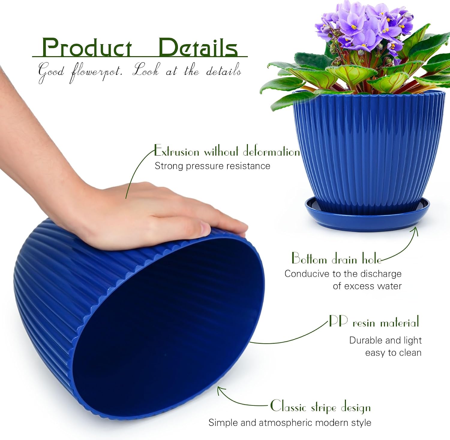 Plant Pots Indoor with Saucers & Drainage - 6 Pack Flower Pots - Plastic Planters for Indoor Planter - 7.5/6.6/5.8/5.0/4.3/3.5 inches Sizes for All Different Types of Plants-Dark Blue image 5
