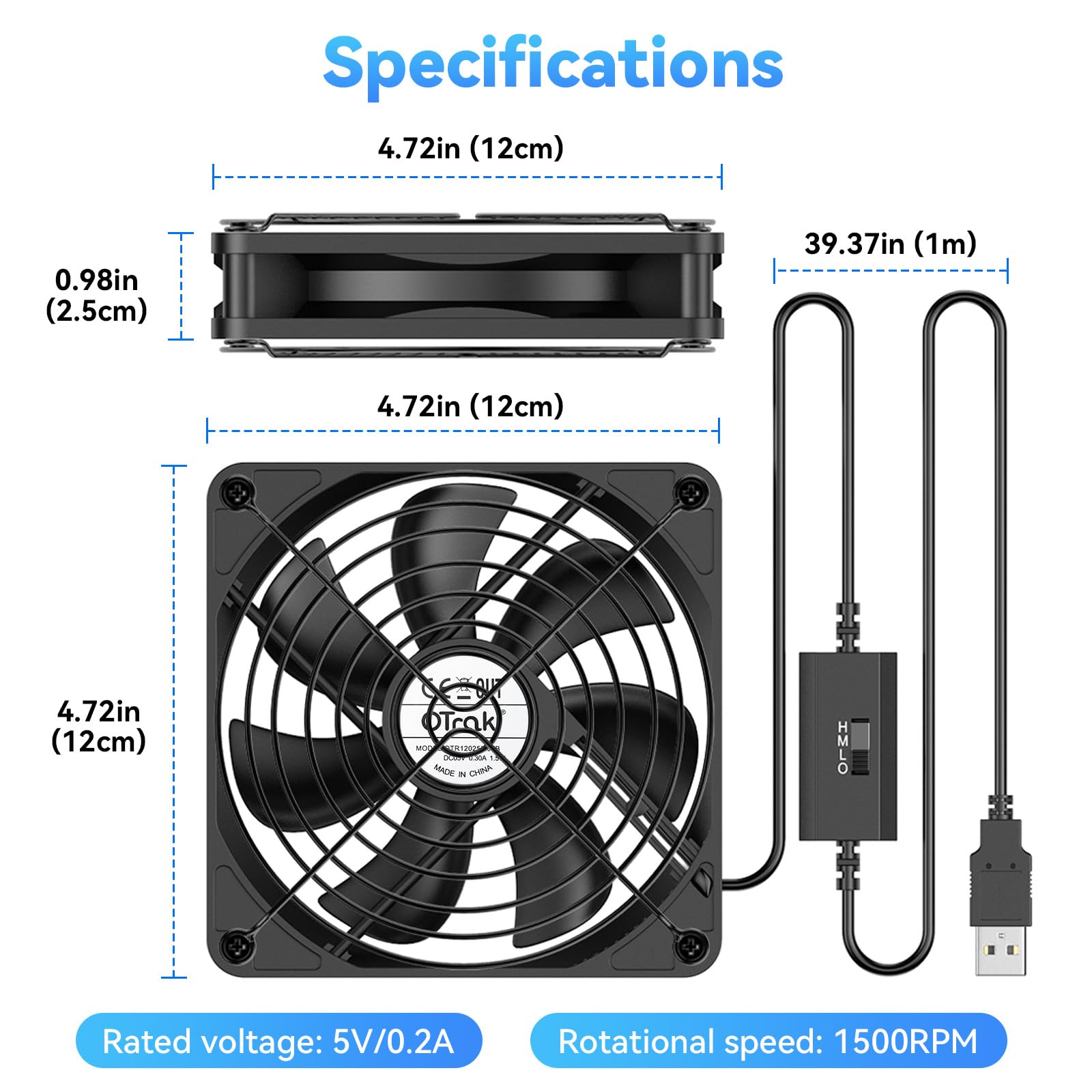 OTraki 120mm USB Wentylator z 3 regulowanymi prędkościami, Wentylator Przenośny PC Wentylator PC 5V, Wentylatory Chłodnicy Do Laptopa/TV Box PS5/PS4