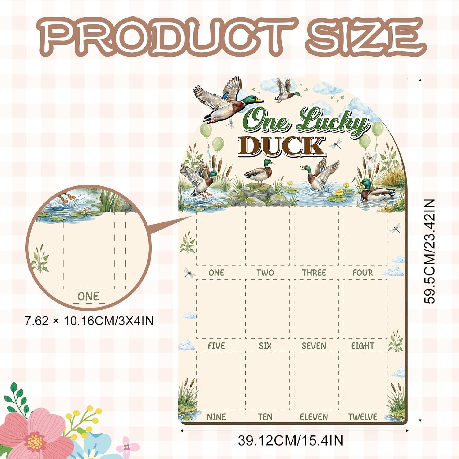 Lucky One Duck Birthday Party Decorations, Mallard Duck First Year Photo Board Decor, Wooden 12 Monthly Milestone Board Bday Keepsake Gifts Supplies (23.43x15.35 Inch) image 2