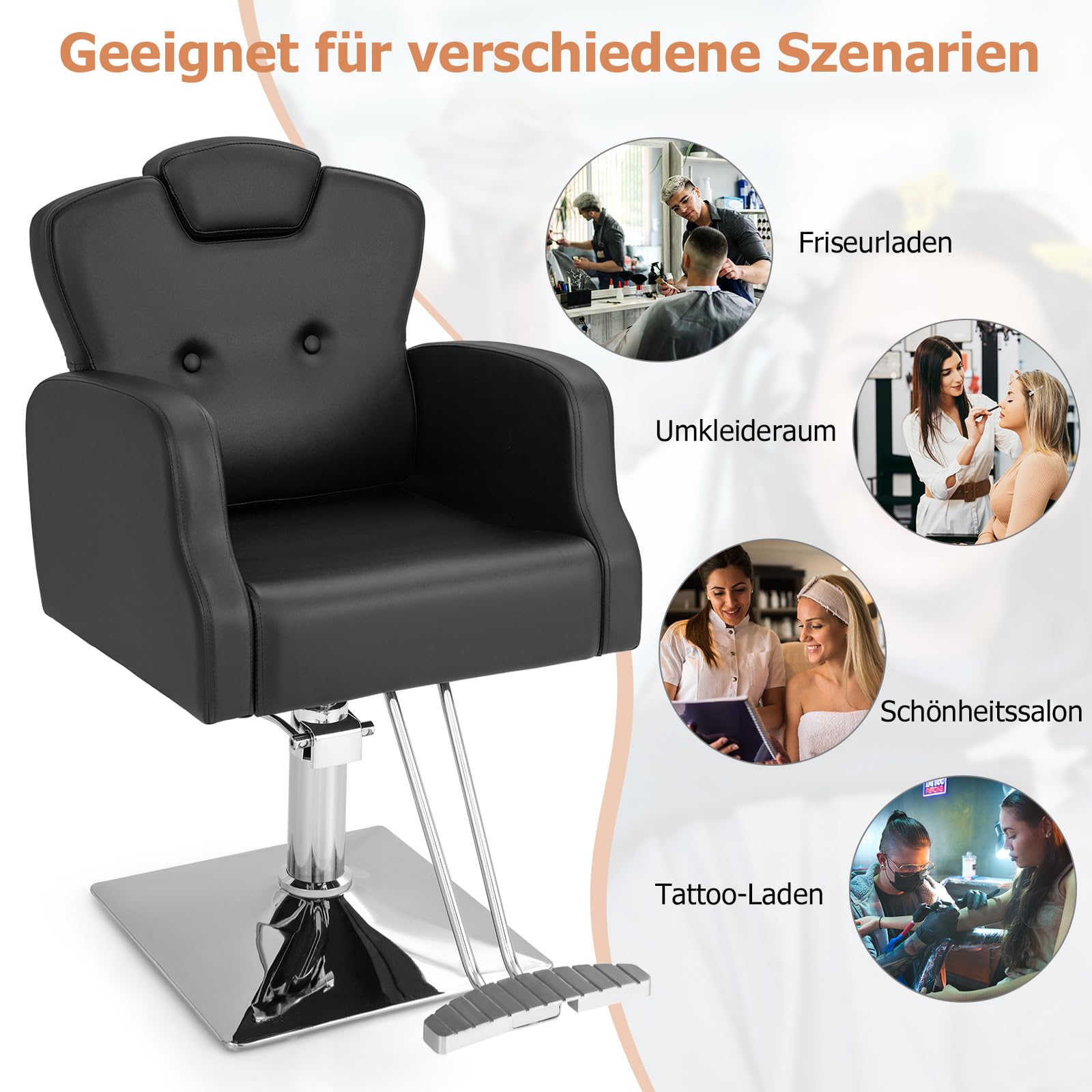 COSTWAY Friseurstuhl mit Kopfstütze, Rückenlehne und Hydraulikpumpe, Salonstuhl höhenverstellbar, Friseursessel 360° Drehung, Bedienungsstuhl belastbar bis 150kg