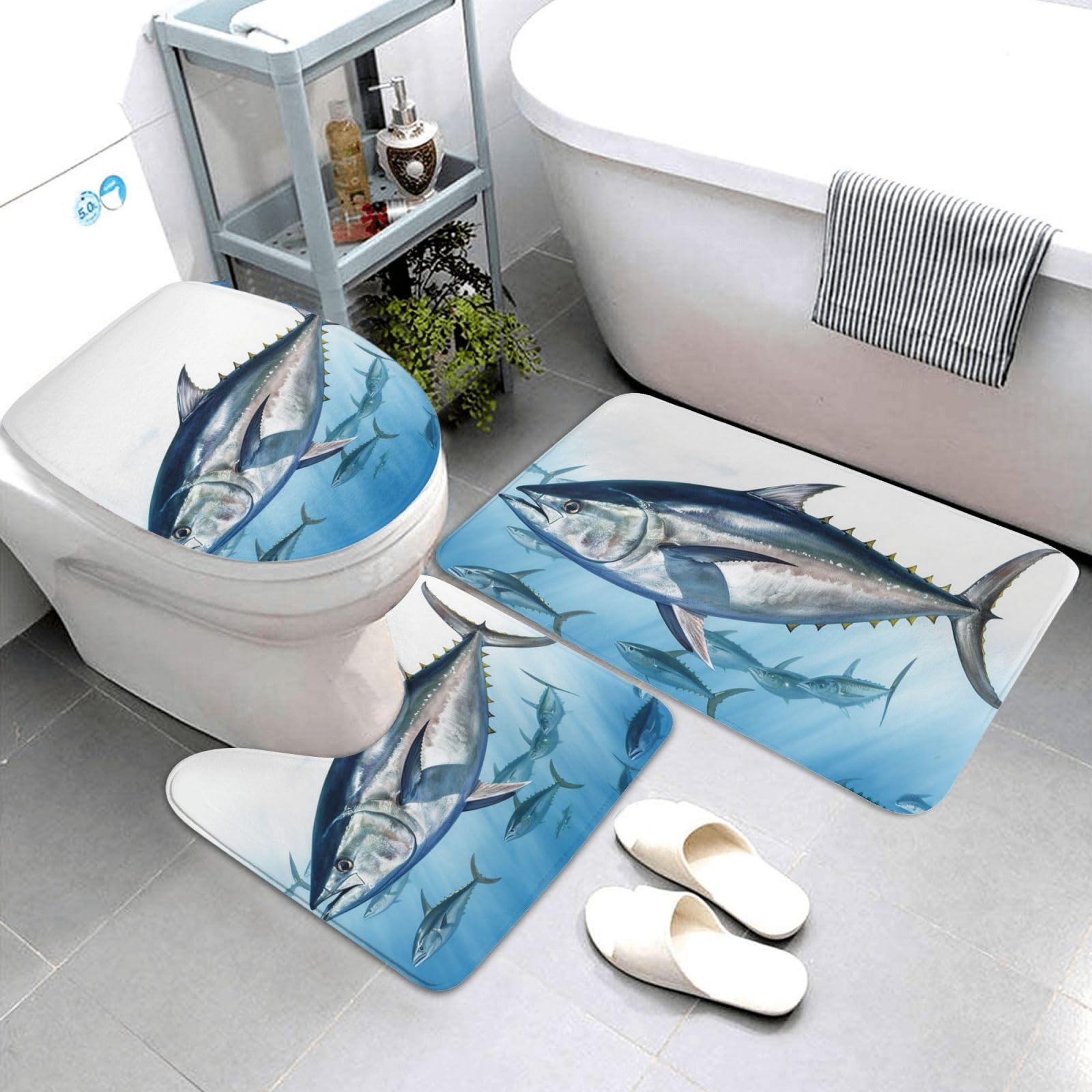 Dwrepo Bluefin Tuna Thunnus Print Bathroom Rug Set 3 Piece with Non-Slip U-Shaped Contour Mat and Toilet Lid Cover for Bathroom Decoration