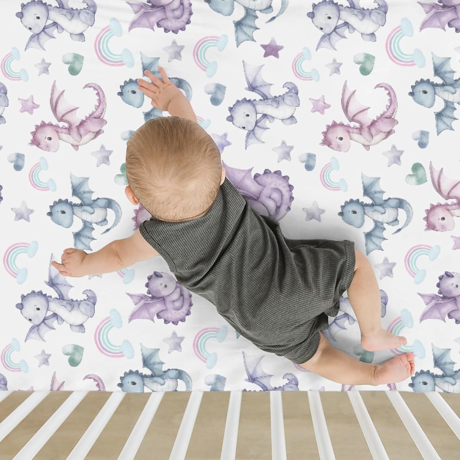 Fairytale Dragon Love Stars Rainbow Baby Crib Sheets for Boy Girl 28"x52" Cute Dragons Purple Soft Snug Fitted Crib Mattress Cover Fantasy Animal Baby Sheet for Standard Crib & Toddler Bed Mattress