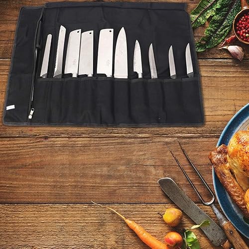 Miniatura 8 de Bolsa enrollable para cuchillos de chef, bolsa de lona encerada, portátil de 10 ranuras para cuchillos de chef con 1 bolsillo con cremallera, bolsas