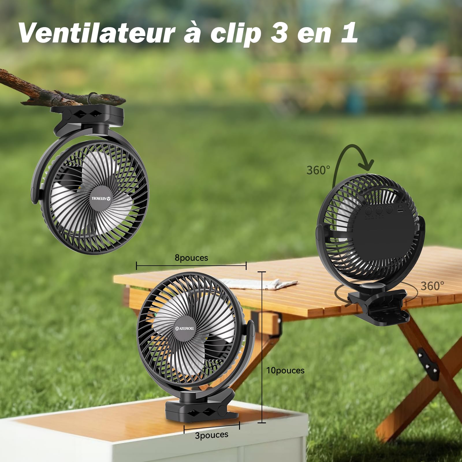Ateroll Ventilateur de Bureau Pince 10 000 mAh Télécommande, 3 Vitesses, Batterie USB Minuterie & Lumières LED, Rotation à 360 ° Ventilateur Portable Silencieux Alimenté Piles pour Voiture, Camping