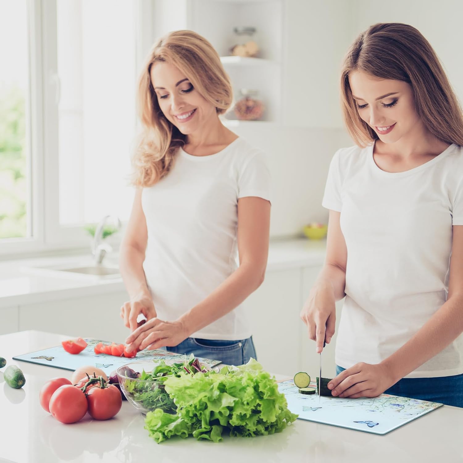 LemonRoad 2 Pcs Tempered Glass Cutting Board for Kitchen Counter, Flower Butterfly Decorative Cutting Board, Heat Resistant, with Anti-slip Feet, Large and Small 12''x16'' & 8''x12'', Dishwasher Safe