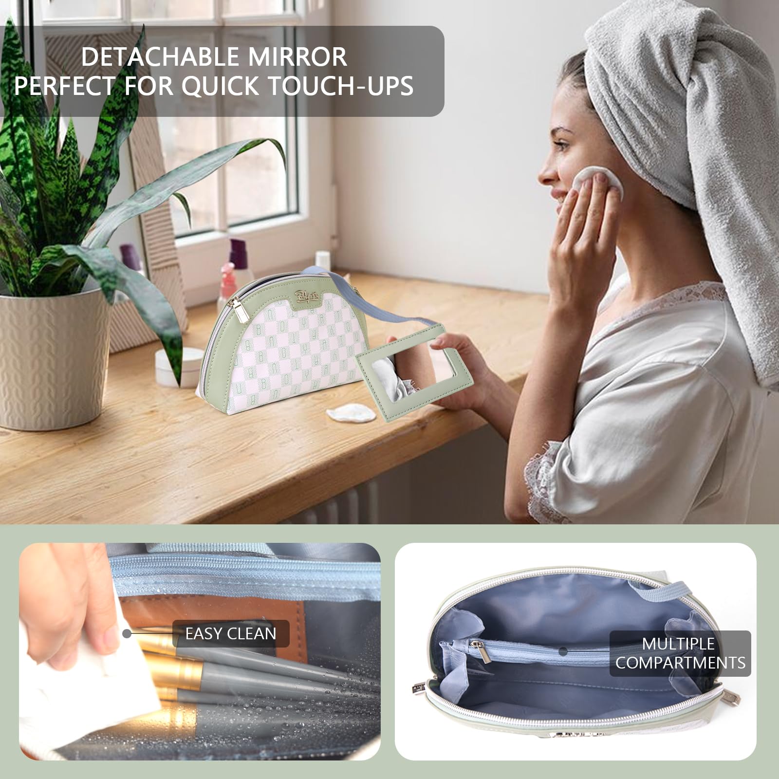 BOYATU Vegan Leather Cosmetic Bag with Built-In Mirror