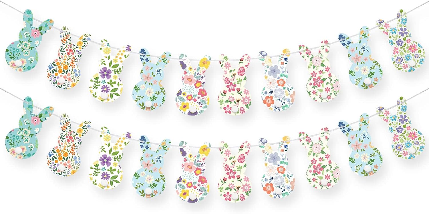 Whaline Easter Paper Banner with String 20 Pcs Vintage Floral Bunny Bunting Garland Pre-Assembled Colorful Spring Rabbit Hanging Decoration for Home Backdrop Decor Party Supplies