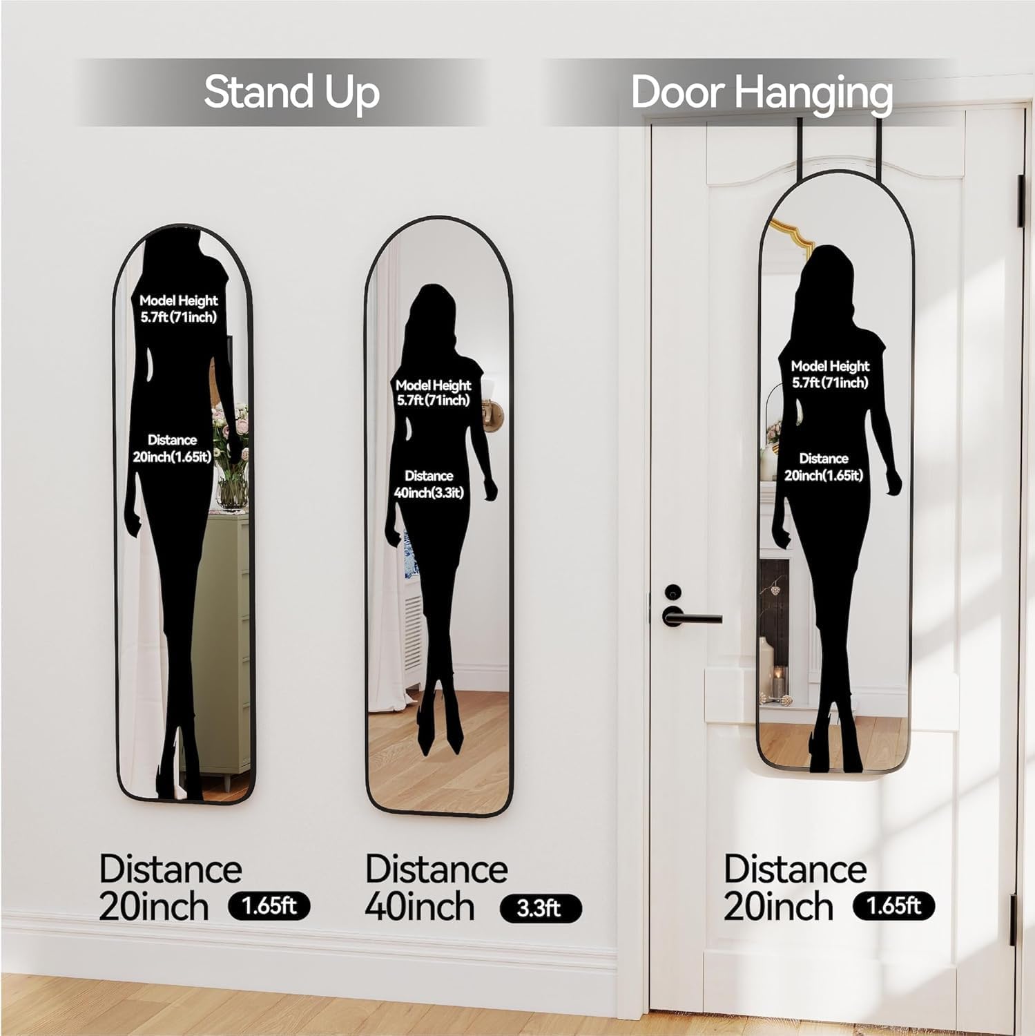 47x14 Mirror Full Body Length Door Hanging Rope Hang Wall Mounted Metal Frame Arch Mirrors for Bedroom Bathroom Dressing Living Room 47 14 inch Black