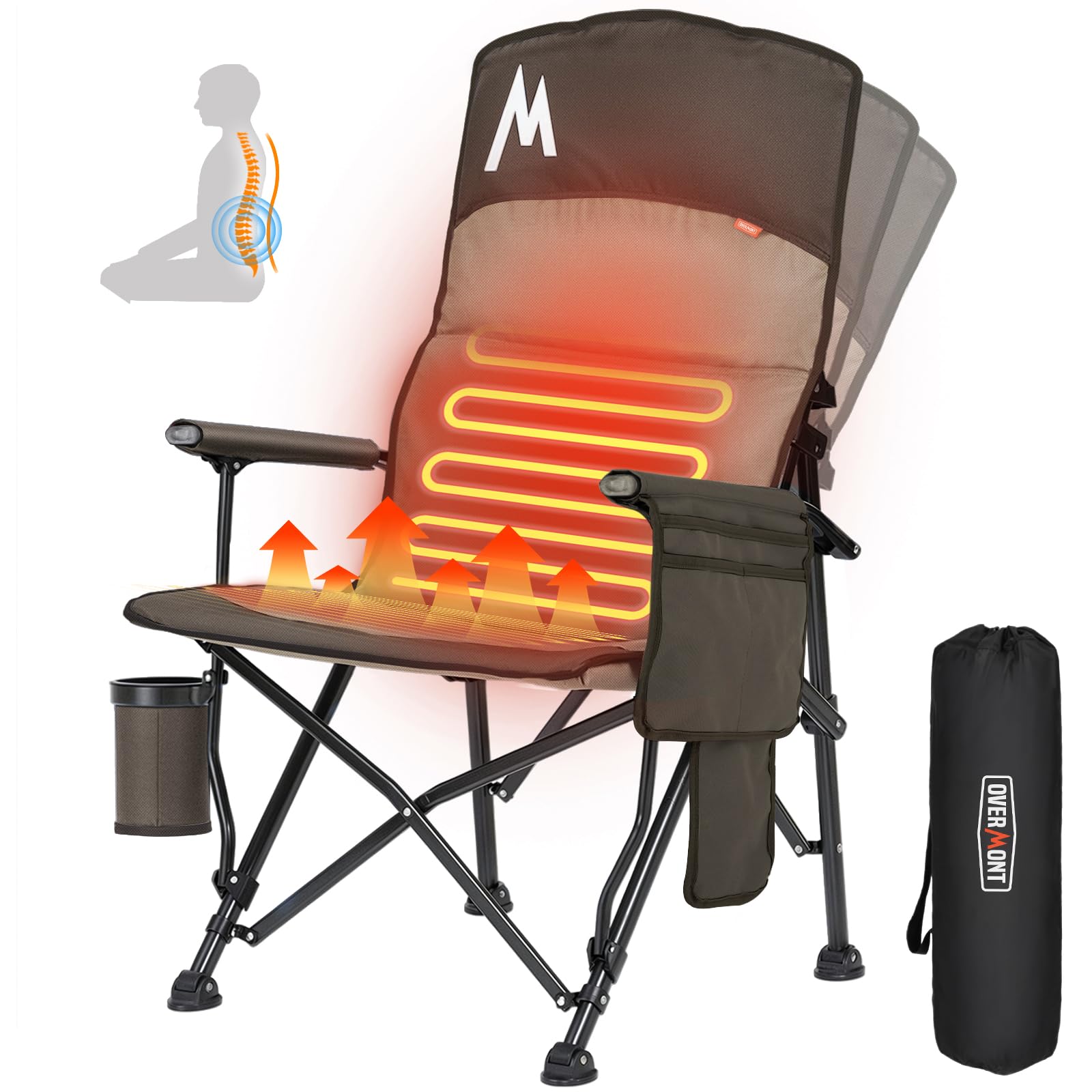 Overmont Heated Camping Chair with High Backrest - 3 Heat Levels Seat & Backrest Separately Control - Heavy Duty Folding Portable Heated Chair for