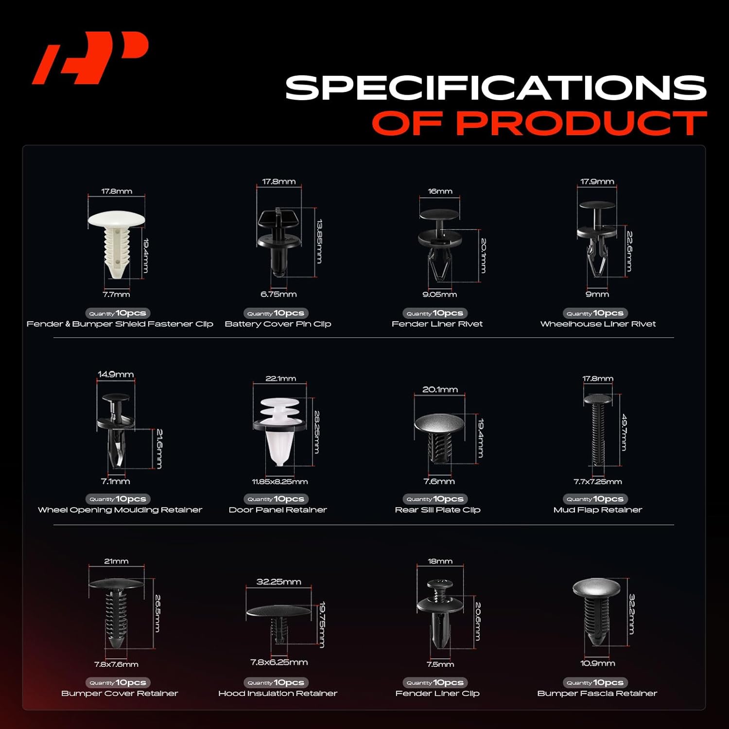 A-Premium 190PCS Bumper Retainer Clips Plastic Rivets Push Retainer Kit 19 Sizes 40.16oz Fender Door Trim Molding Clips Compatible with Ford Mustang 2015-2023, w/Removal Tool