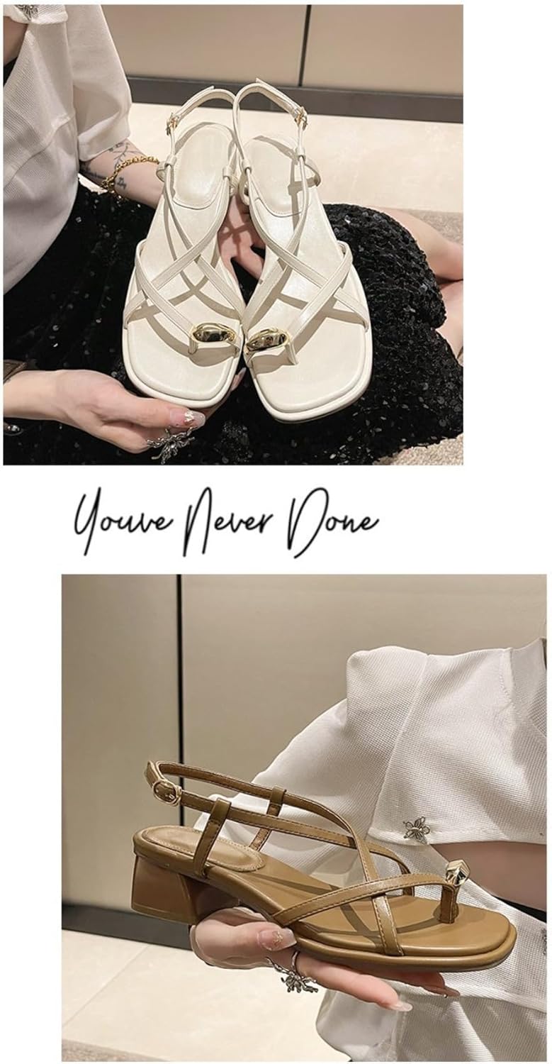 Geerta Strappy Toe Ring Sandals for Women - Leather Square Toes Dress Shoes with Non-Slip Chunky Heel, Comfortable Slip on Slippers for Party Wedding Cruises Summer Vacations