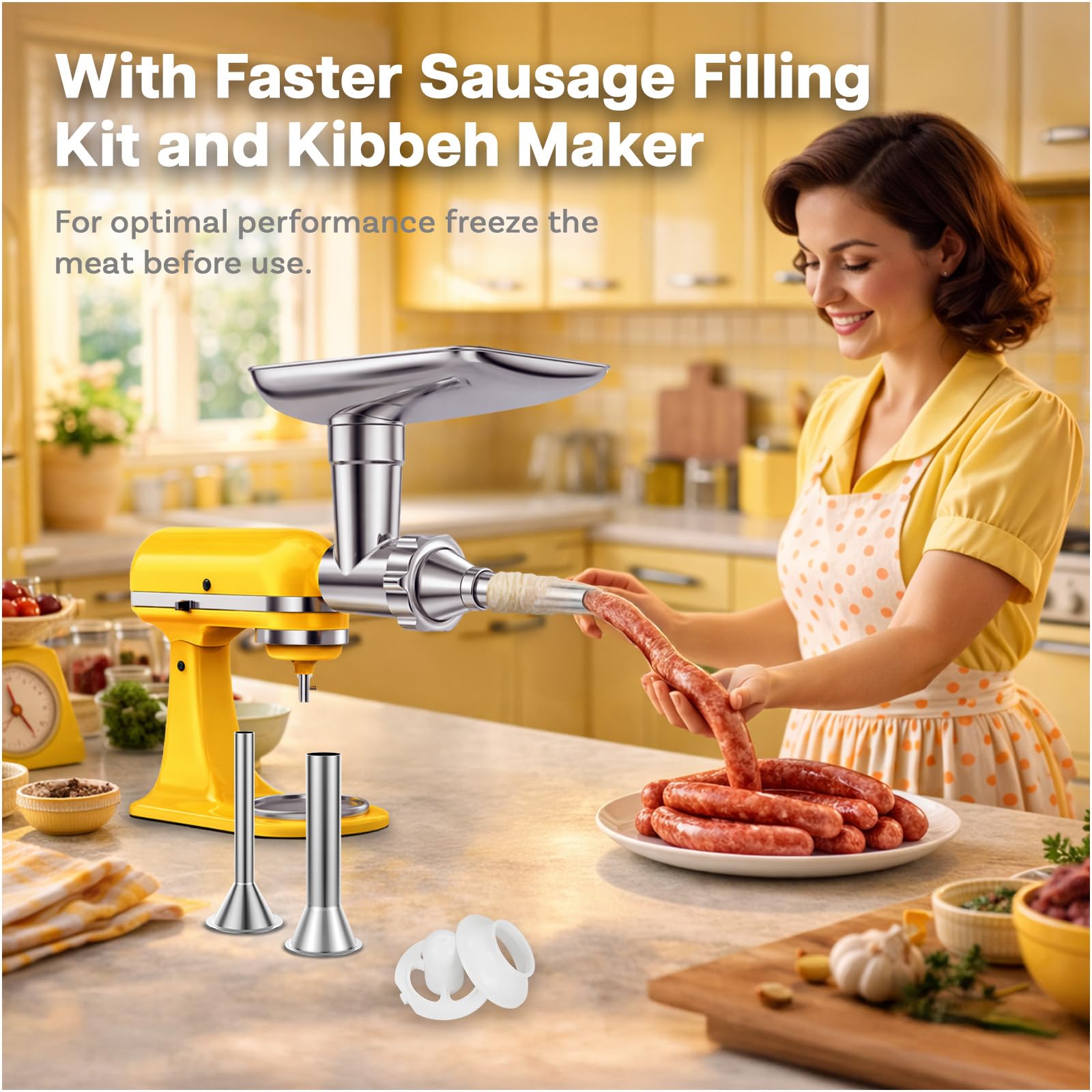 Akcesoria do rozdrabniania mięsa RVS pasujące do blendera kuchennego KitchenAid, akcesoria do urządzeń kuchennych z 4 tarczami mielącymi, 3 foremkami do kiełbasek, 2 ostrzami mielącymi i 1 foremką do