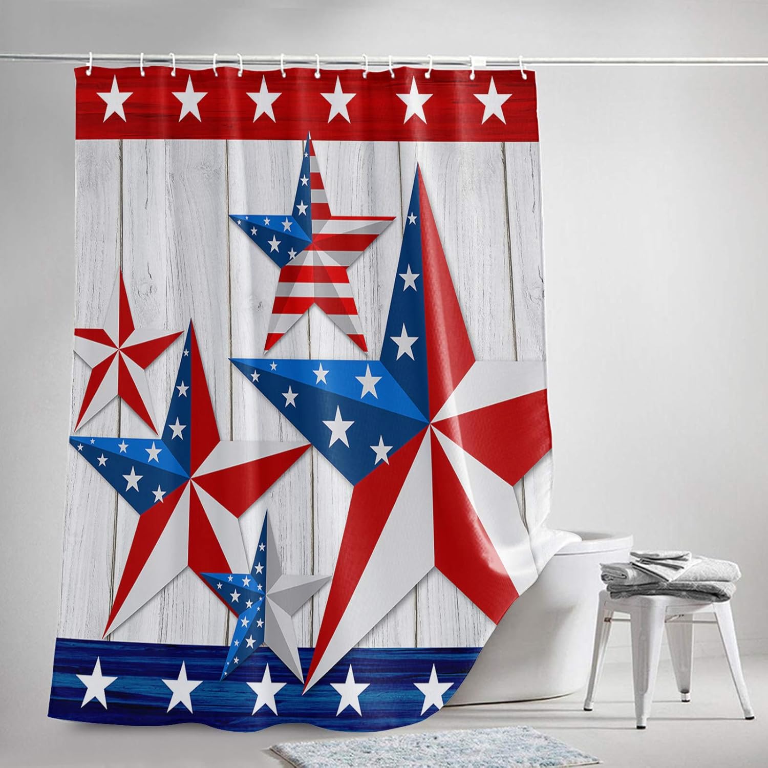 Shower Curtain for Bathroom Sets American Flag Star on Wood Board Home Decoration Durable Fabric Machine Washable Curtains with Hooks, Memorial Day