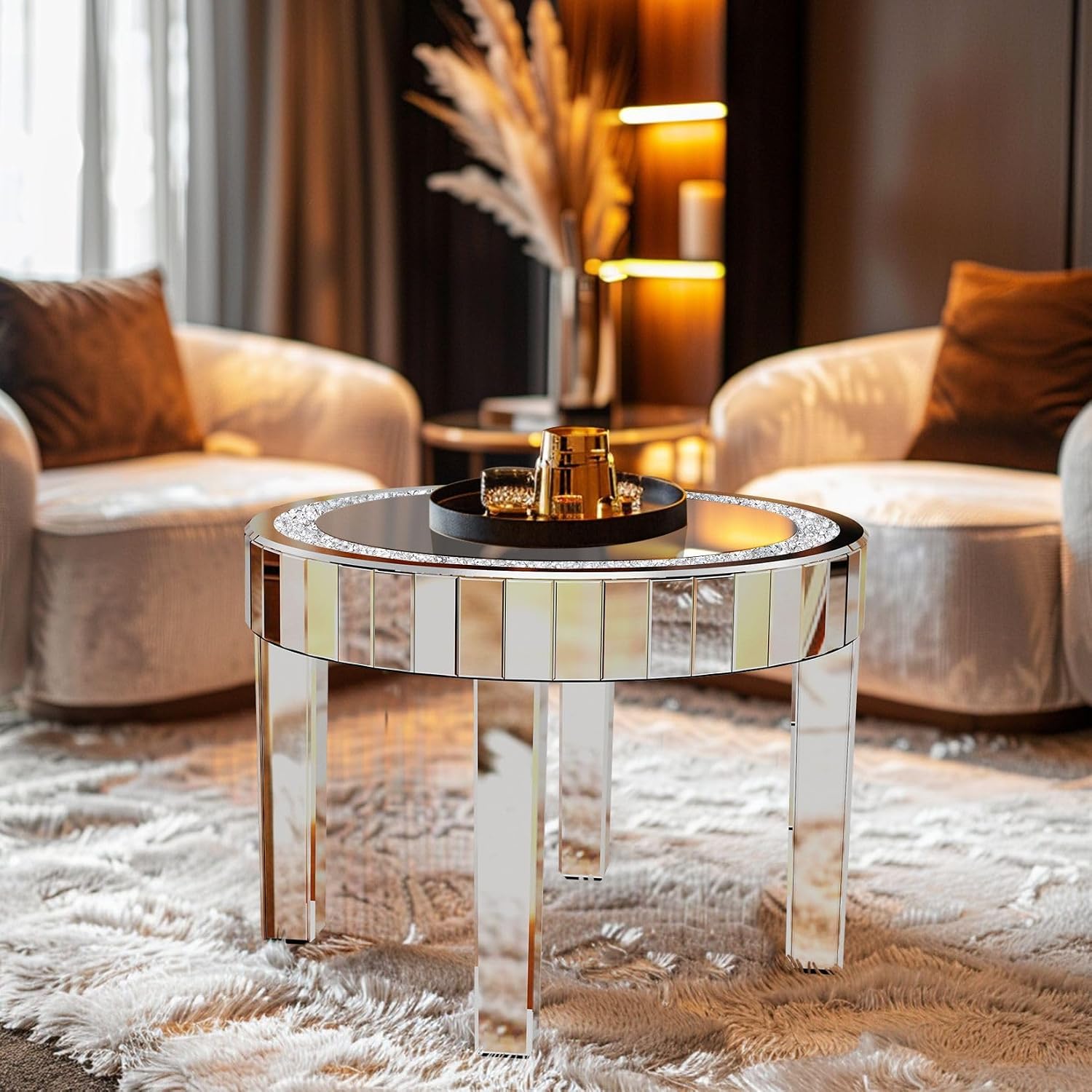 Silver Mirror Accent Table: 23.6 in Round Mirrored Glass Tabletop | Silver End Table with Crushed Diamond Edge Decorative Furniture