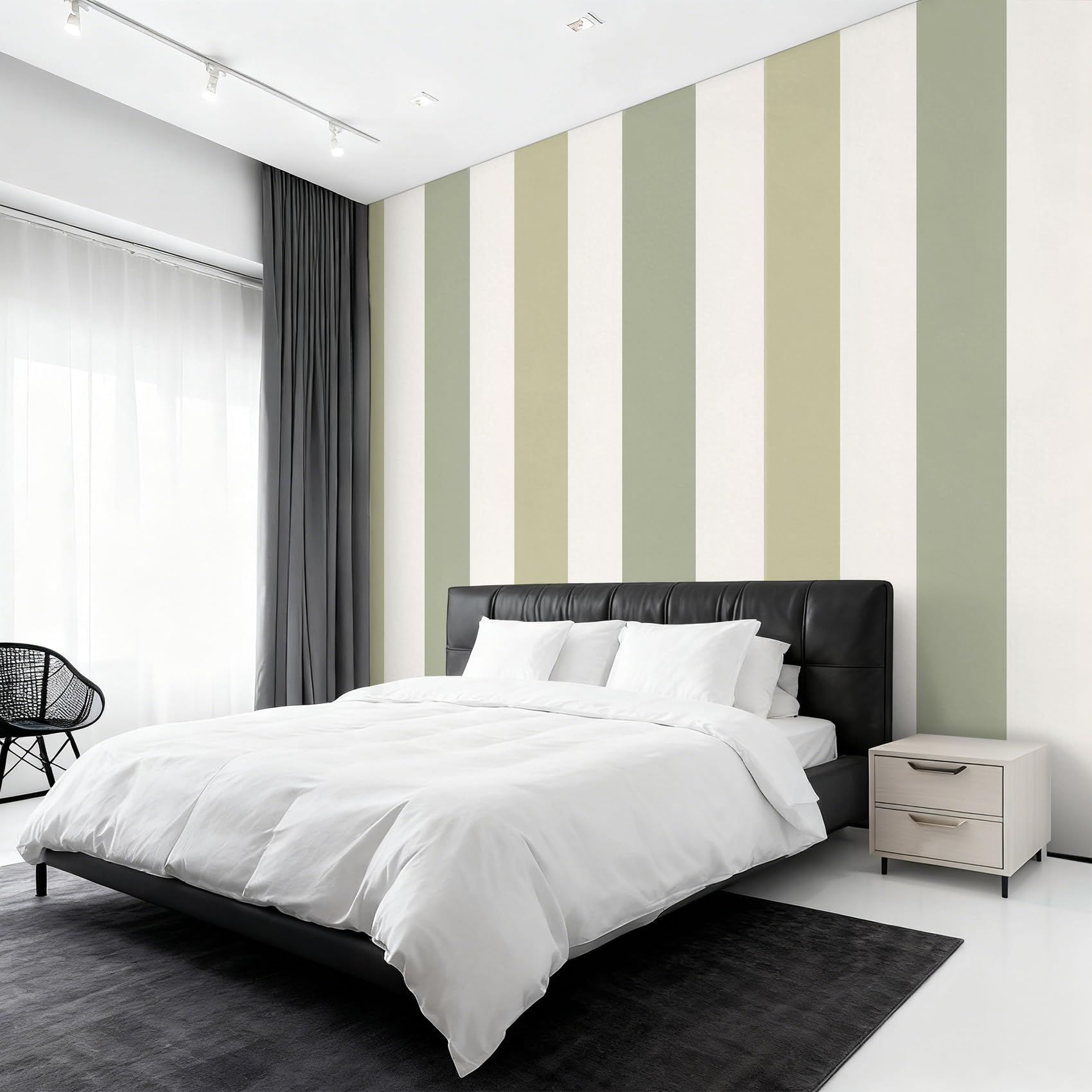 Papier peint rayures vert blanc pour agrandir un mur de salon