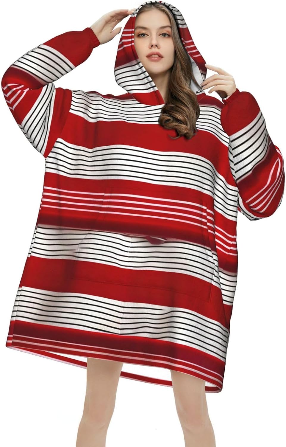 Red Stripeprint Oversized Hoodie Blanket, Super Soft Warm Comfortable Hoodie, Wearable Blanket Adult
