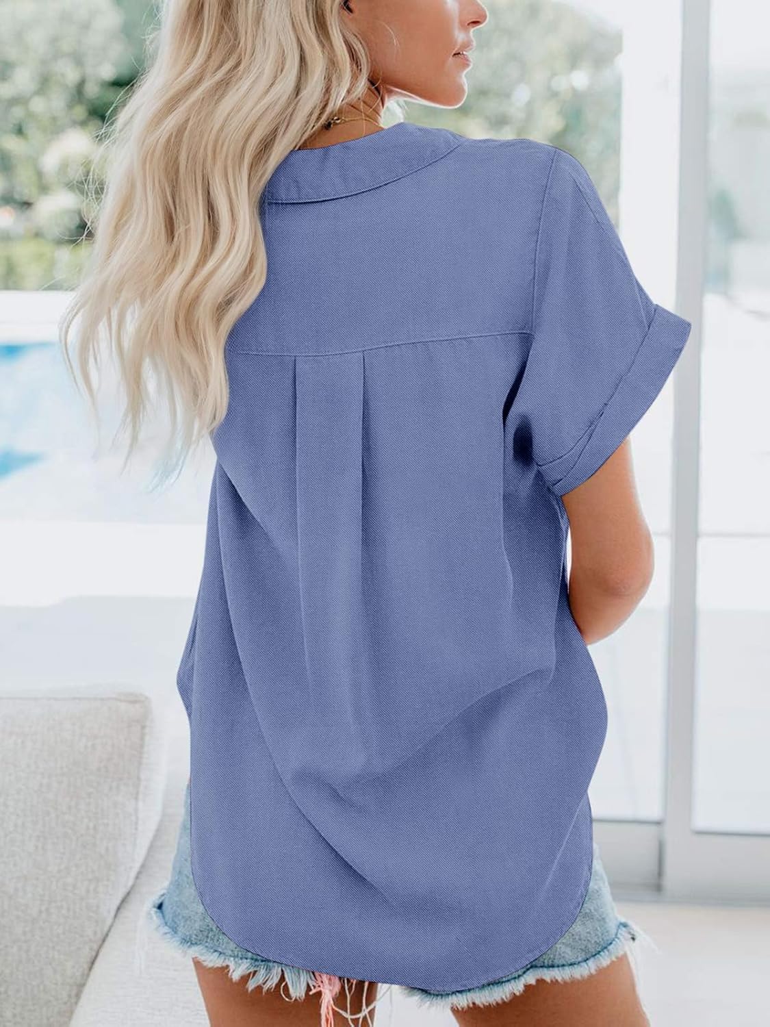 Womens Button Down Shirts Short Sleeve Summer Oxford V Neck Collared Button Up Casual Blouses Tops with Pocket - Image 2
