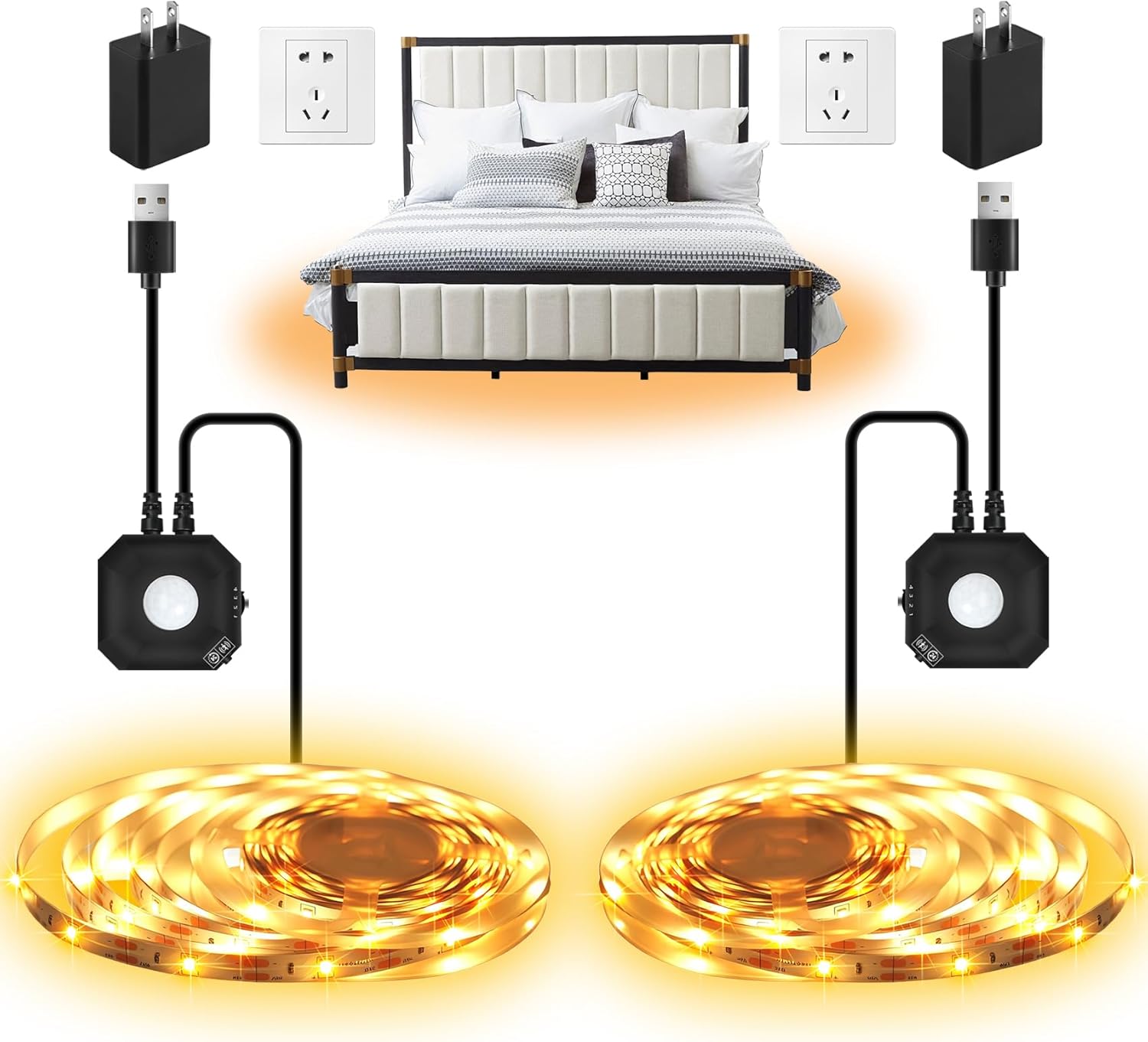 Movement Activated LED Strip Lights, 2×9.8Ft Heat White LED Strip Movement Sensor Underneath Mattress Lights with Auto Shut-Off Timer, USB Powered Movement Sensor Mild Strips Indoor for Bedside Cupboard Stair Closet