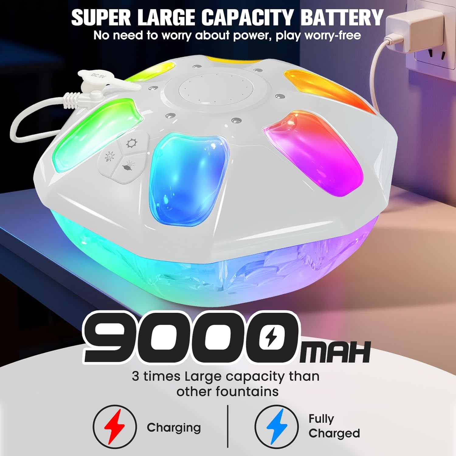 9000mAh Pool Fountain with Remote,Floating Pool Fountain with Light,2 in 1 Rechargeable Pool Water Fountain Anchor,2 Spray Mode Swimming Pool Fountain Pump for Inground Above Ground Pool-White