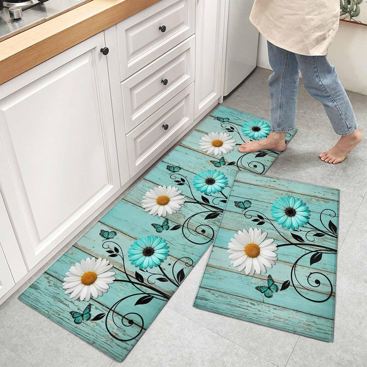 Kitchen Mats for Floor Farmhouse Daisy Flower Butterfly Washable Non Slip Kitchen Rugs 2PCS, Retro Teal Wood Plank Absorbent Standing Mats for Sink Bathroom Office Living Room 15.7x23.6in+15.7x47.2in