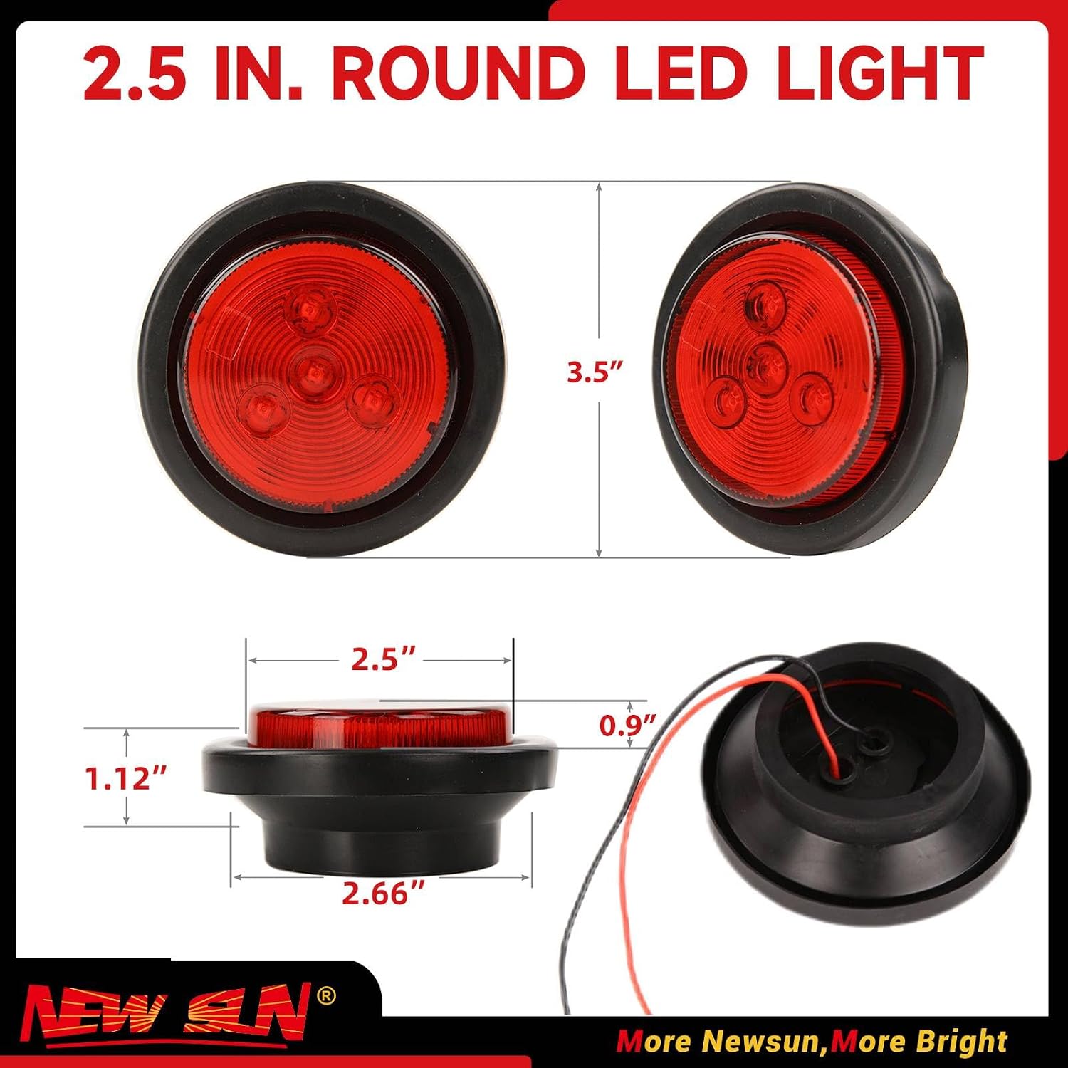 NEW SUN® 2.5" Trailer Side Marker Light, Red High-bright PIRANHA LED, 5 Pcs image 2