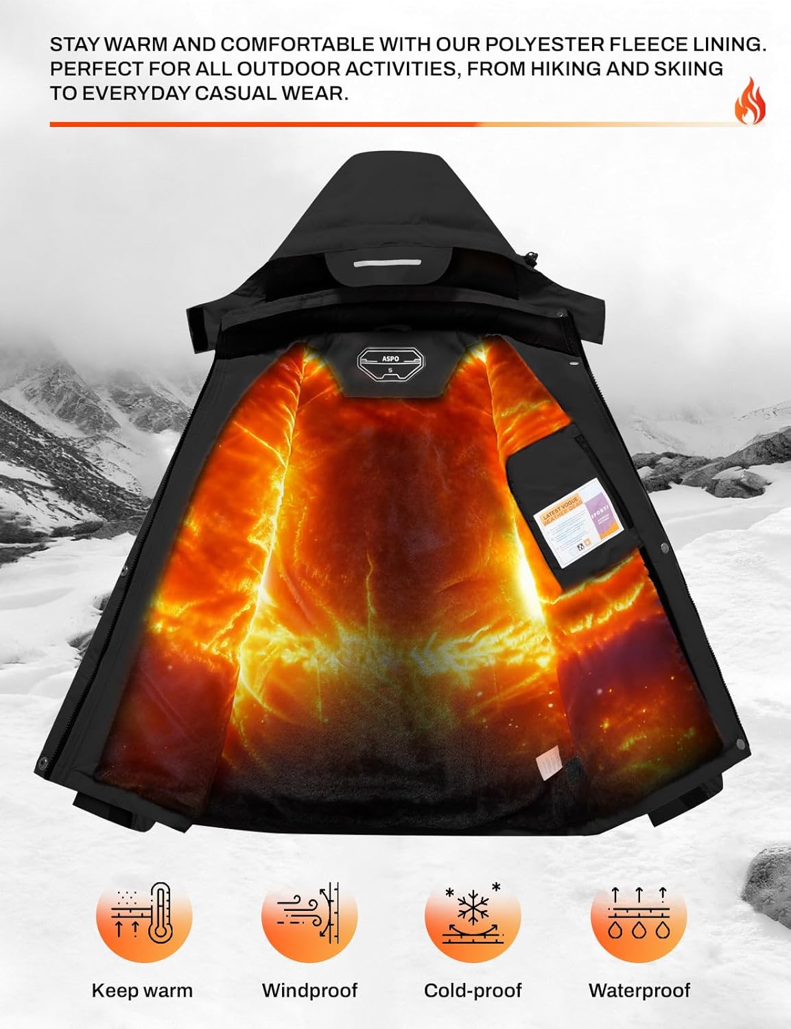 ASPO Women's Ski Jacket Waterproof Winter Jacket Insulated Warm Fleece Lined Windproof Snow Coats with Hood Snowboarding - Image 4