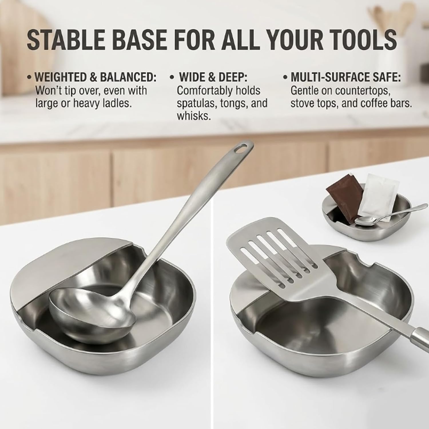 304 Stainless Steel Spoon Rest & Multipurpose Kitchen Utensil Holder, Heavy Duty Utensil Holder for Stove Top, Self-Standing Ladle Holder With Stable Base, for Ladles, Tongs, Spatula (5pcs)
