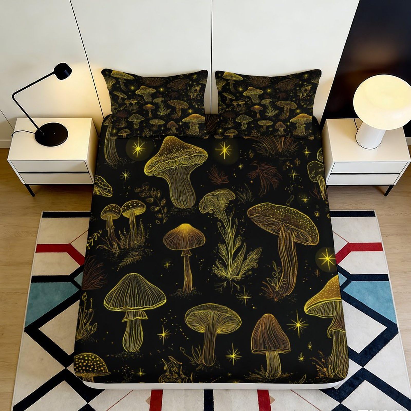 3D Printed Golden Mushroom Fitted Sheet Microfiber Soft Non-Slip Botanical Forest Bed Cover for Bedroom Guest Room Decor 120x200x25cm