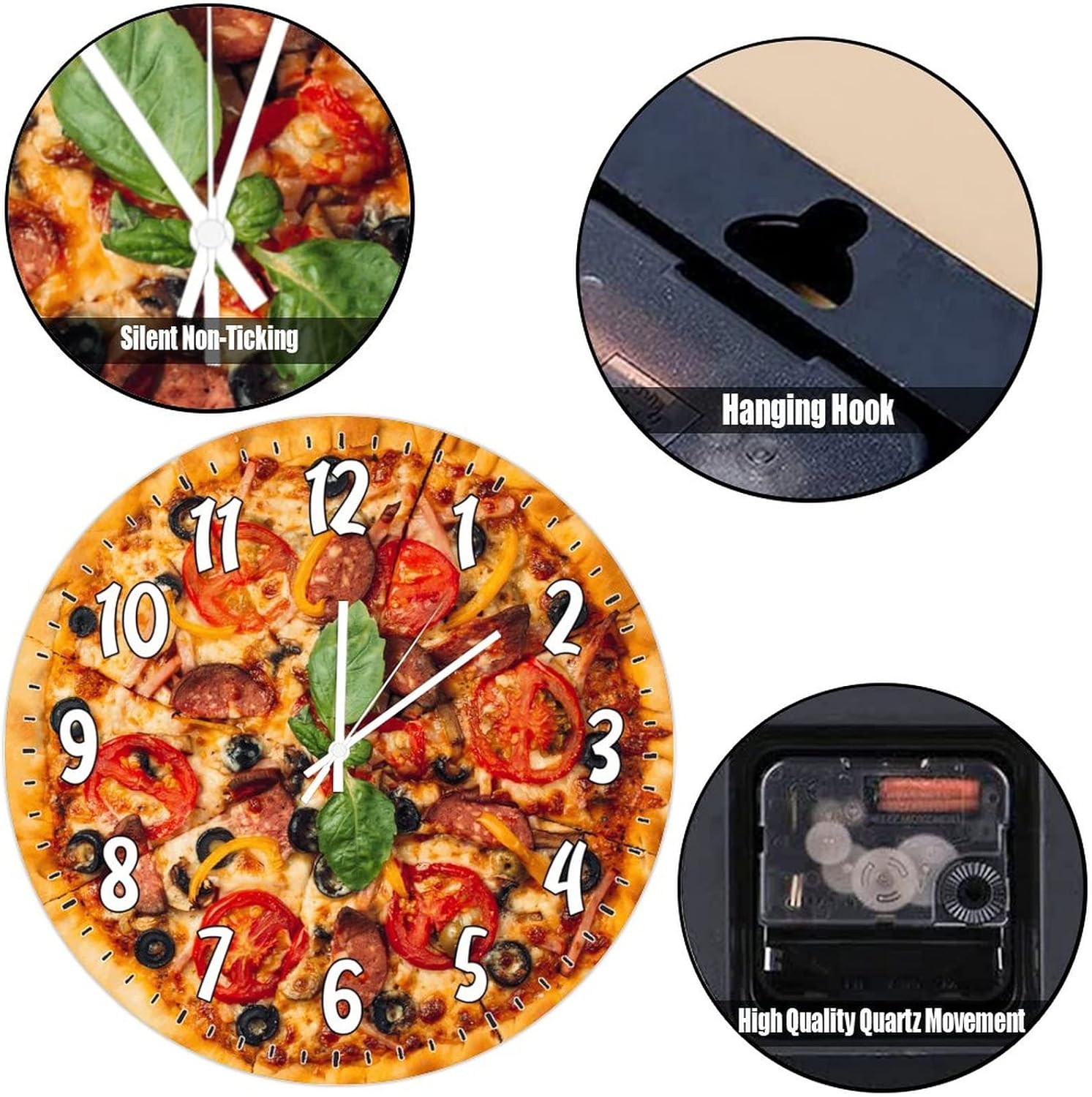 Tomatoes Salami and Olives Pizza Wooden Wall Clock 15Inch Round Clocks Food Kitchen Decor Art Clocks Quartz Battery Operated Wall Clocks Restaurant Clock Modern Decor for Kitchen Bedroom Office
