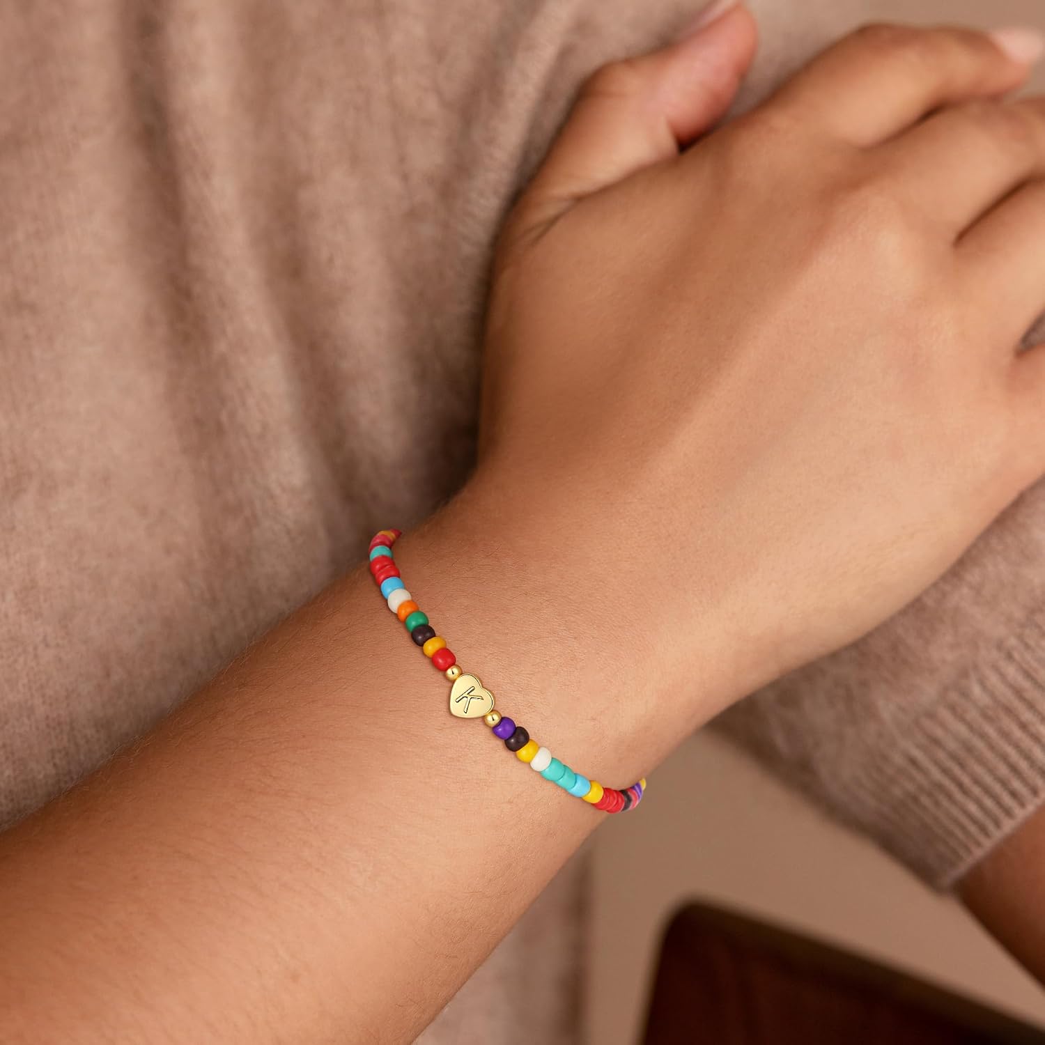 Colorful Initial Bracelets for Women Girls, Cute Beaded Heart Initial Bracelet Teen Girl Gifts Trendy Stuff Gold Personalized Bracelet Gifts for Women