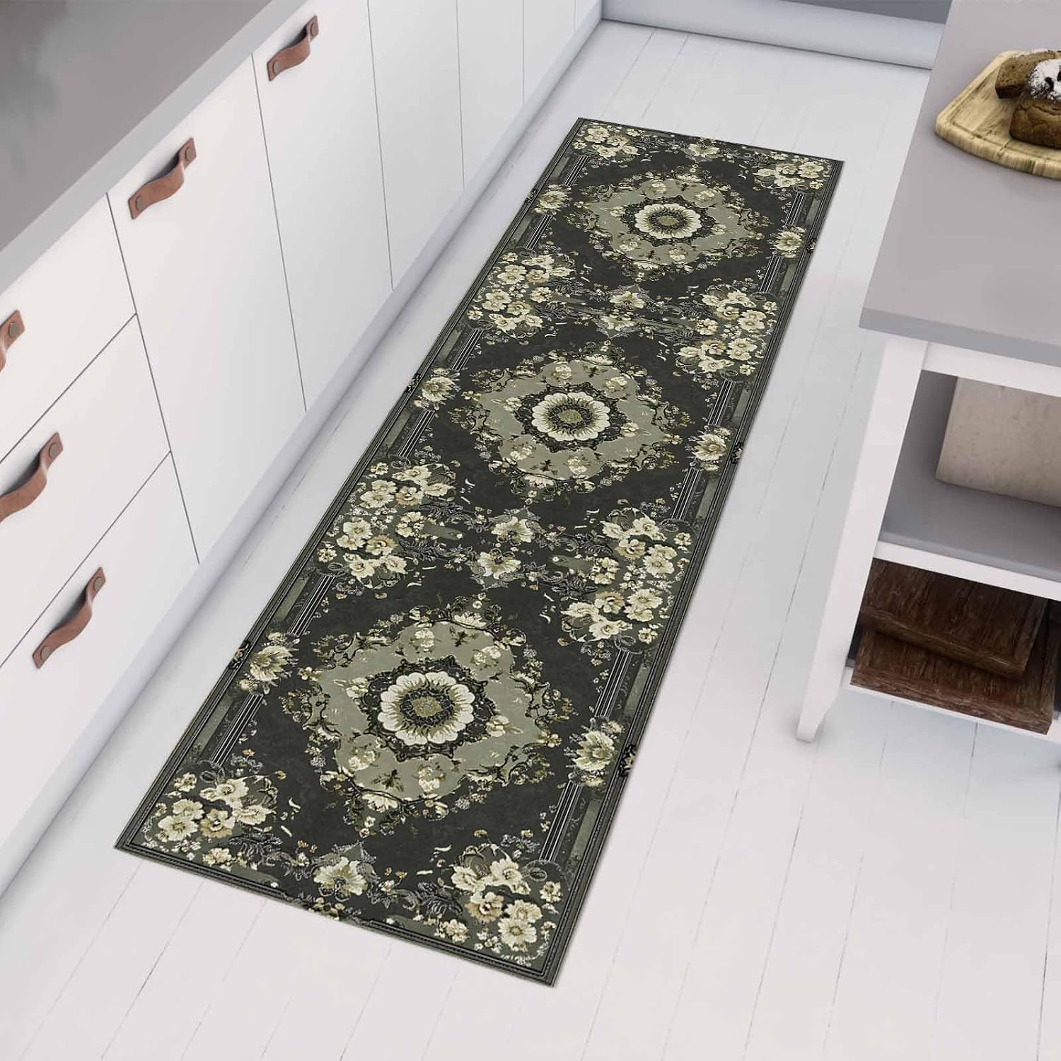 Kitchen Mats for Floor Bohemian Geometric Retro Floral Art Washable Non Slip Kitchen Rugs 1PCS, Black Green Vintage Flowers Absorbent Standing Mats for Sink Bathroom Office Living Room 23.6x70.9in